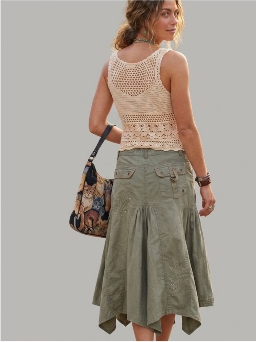 Vintage Warehouse Y2K Olive Green Cargo Grunge Midi Skirt size 6/ modern 8